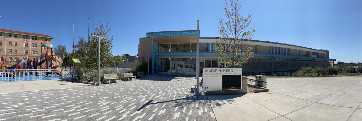 The Marie Reed Elementary School building and playground